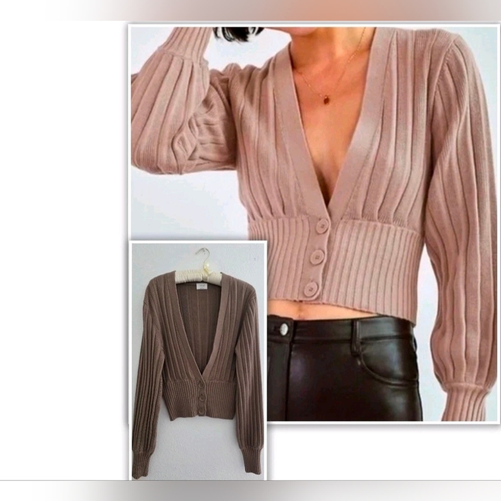 Wilfred Plunge Front Cardigan Merino Wool Blend Three Button Front In Brown Sz L
